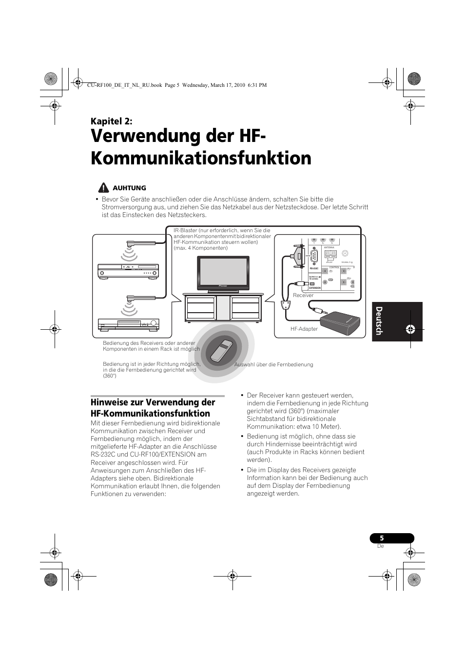 Verwendung der hf- kommunikationsfunktion, Auhtung, 02 verwendung der hf- kommunikationsfunktion | Kapitel 2 | Pioneer CU-RF100-U User Manual | Page 5 / 108