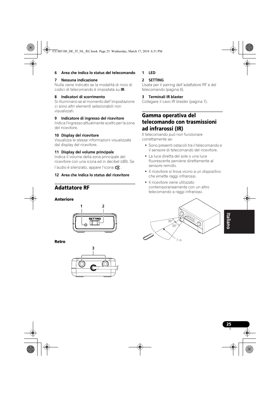 6 area che indica lo status del telecomando, 7 nessuna indicazione, 8 indicatori di scorrimento | 9 indicatore di ingresso del ricevitore, 10 display del ricevitore, 11 display del volume principale, 12 area che indica lo status del ricevitore, Adattatore rf, Anteriore, Retro | Pioneer CU-RF100-U User Manual | Page 51 / 108