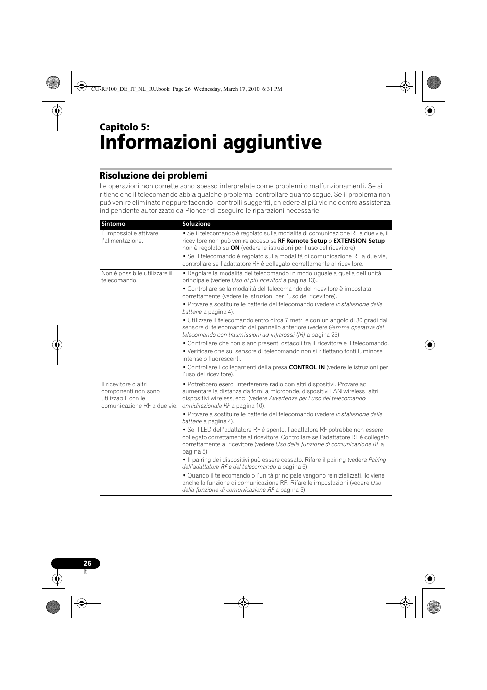 Informazioni aggiuntive, Risoluzione dei problemi, 05 informazioni aggiuntive | Capitolo 5 | Pioneer CU-RF100-U User Manual | Page 52 / 108