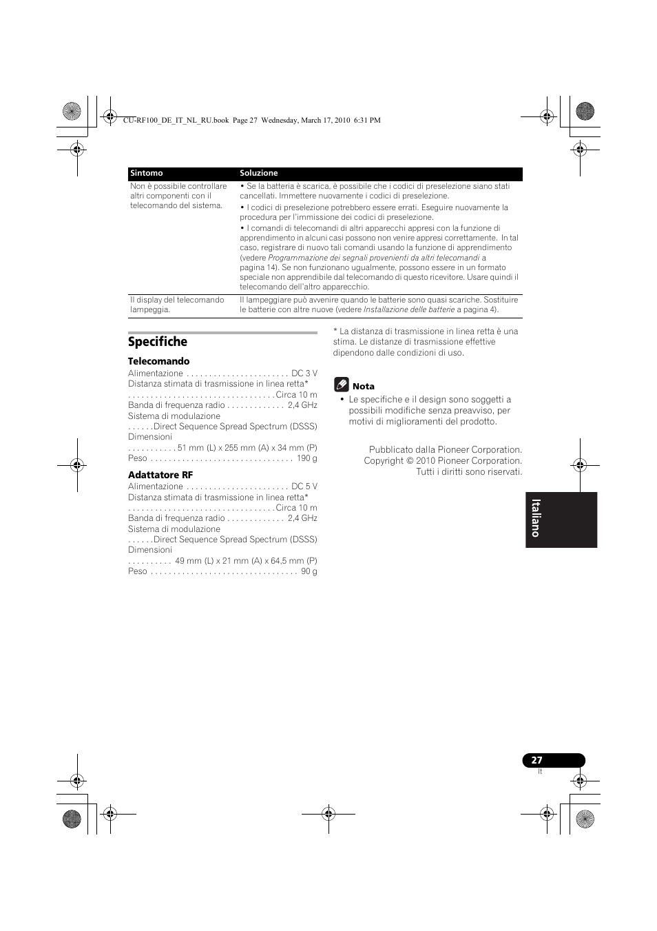 Specifiche, Telecomando, Adattatore rf | Nota | Pioneer CU-RF100-U User Manual | Page 53 / 108