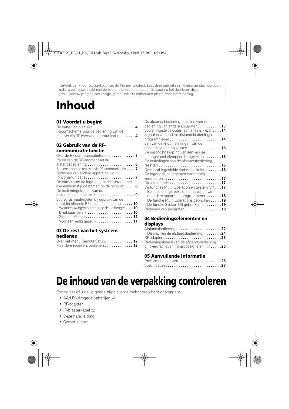Inhoud, De inhoud van de verpakking controleren, Français n ederlands es pa ño l deut sc h | Pioneer CU-RF100-U User Manual | Page 55 / 108