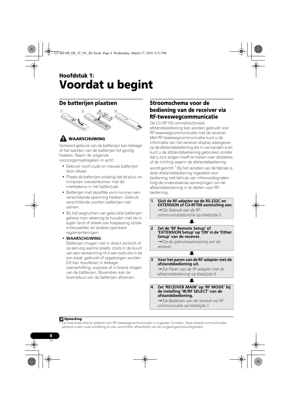 Voordat u begint, De batterijen plaatsen, Waarschuwing | 01 voordat u begint, Hoofdstuk 1 | Pioneer CU-RF100-U User Manual | Page 56 / 108