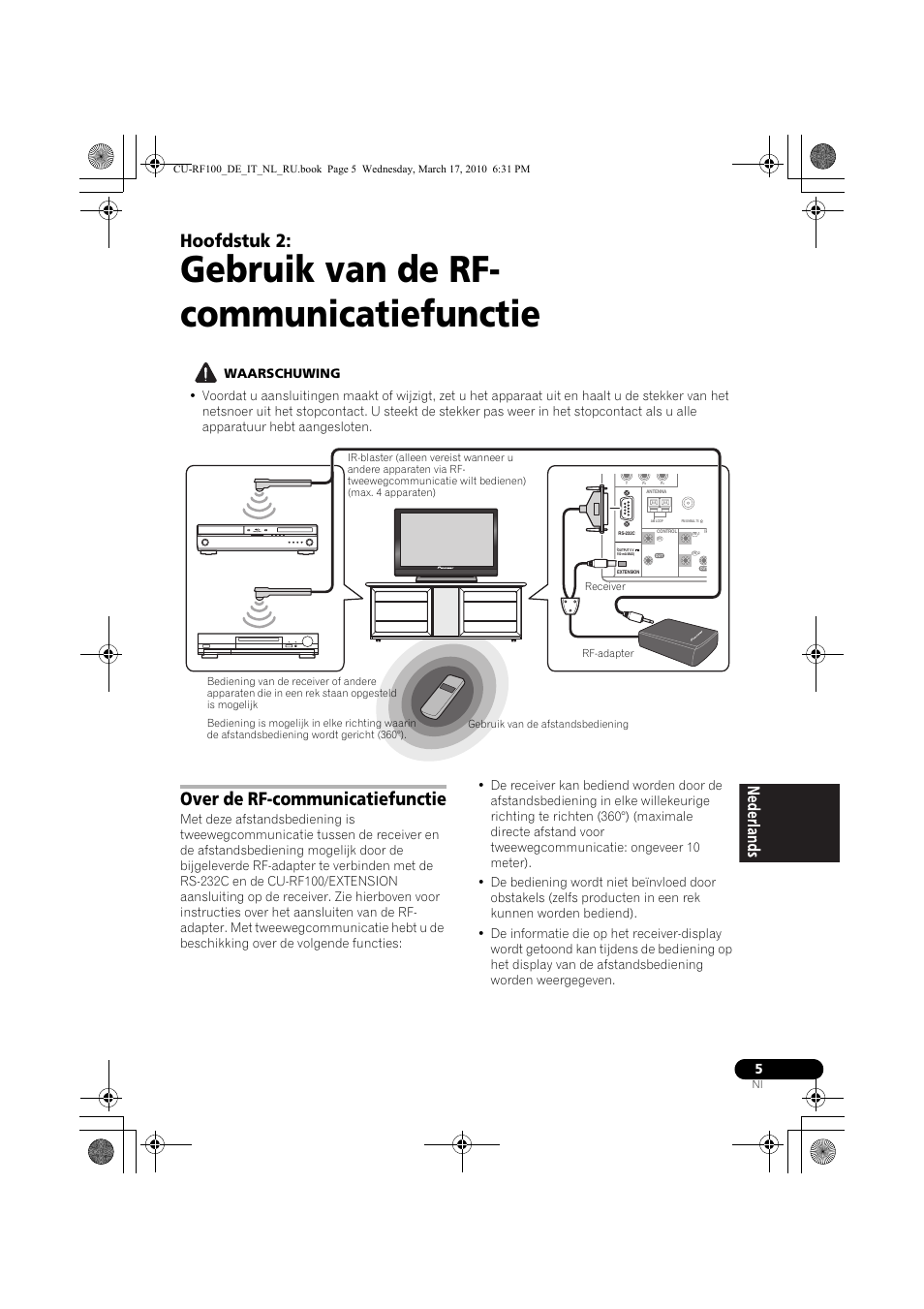 Gebruik van de rf- communicatiefunctie, Waarschuwing, Over de rf-communicatiefunctie | 02 gebruik van de rf- communicatiefunctie, Hoofdstuk 2 | Pioneer CU-RF100-U User Manual | Page 57 / 108