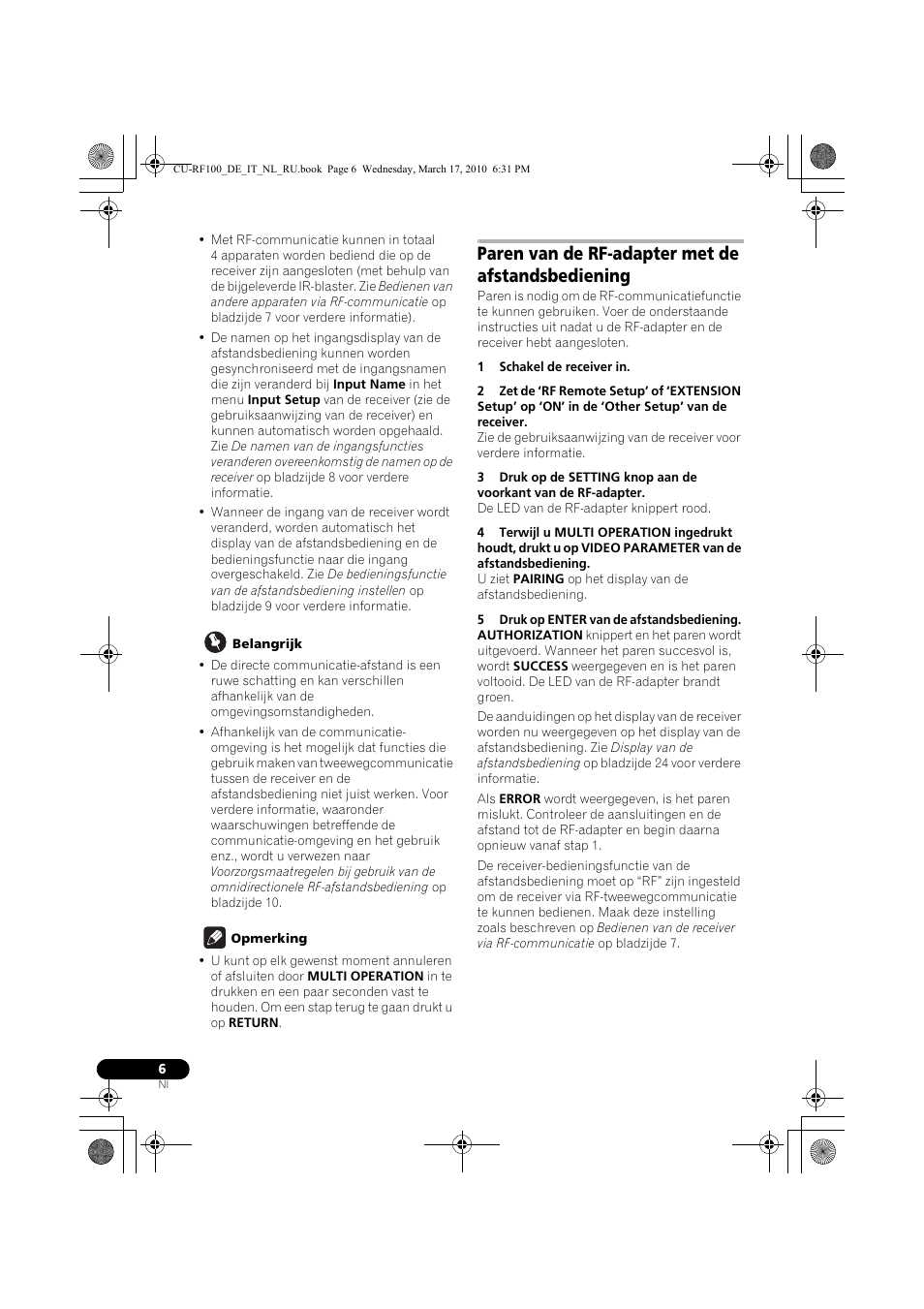 Belangrijk, Opmerking, Paren van de rf-adapter met de afstandsbediening | 1 schakel de receiver in, 5 druk op enter van de afstandsbediening | Pioneer CU-RF100-U User Manual | Page 58 / 108