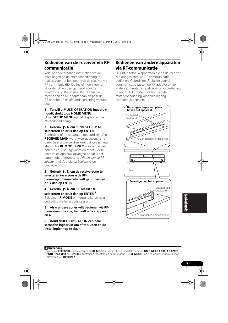 Bedienen van de receiver via rf- communicatie, Bedienen van andere apparaten via rf-communicatie, Bedienen van de receiver via rf-communicatie | Pioneer CU-RF100-U User Manual | Page 59 / 108