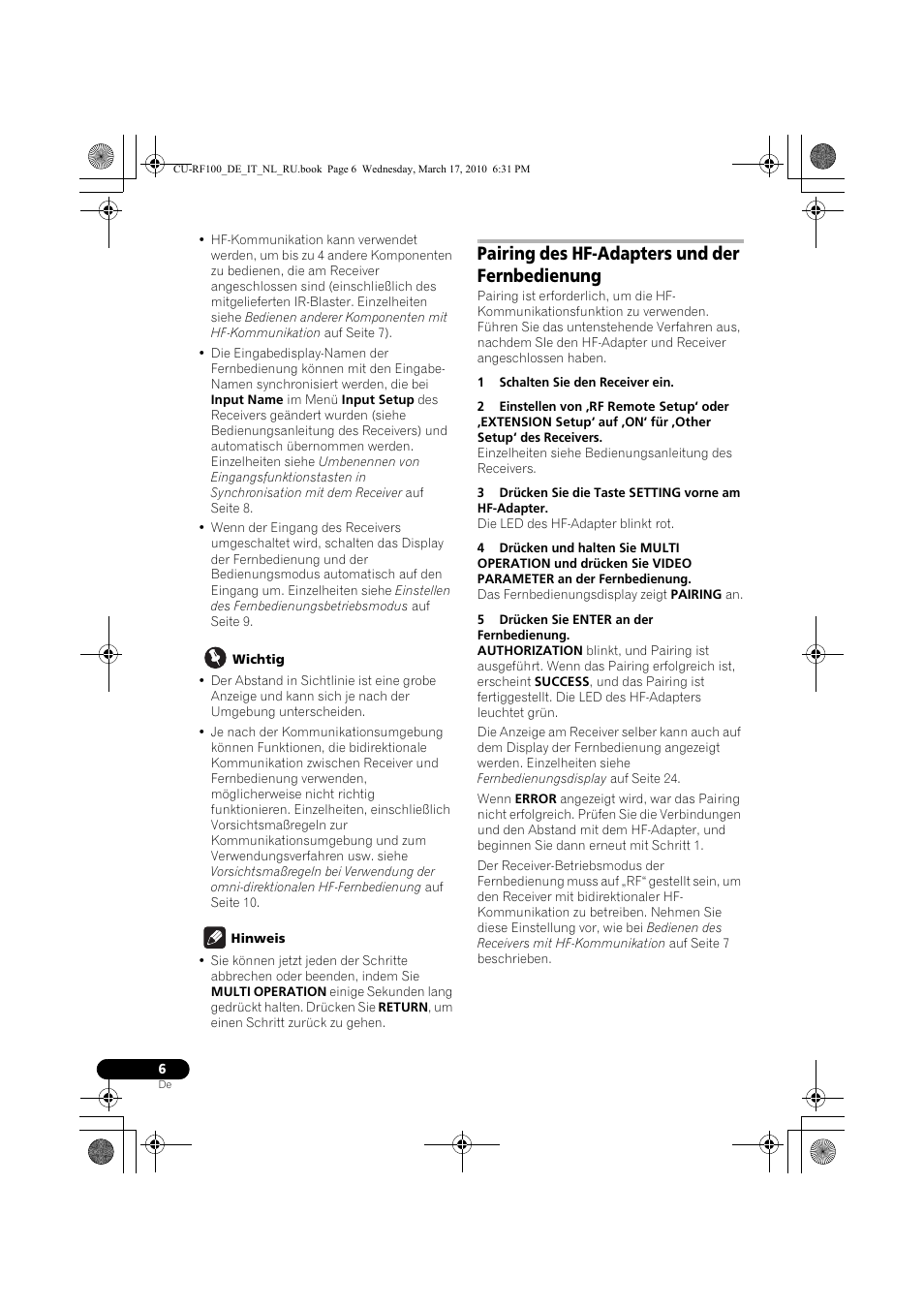 Wichtig, Hinweis, Pairing des hf-adapters und der fernbedienung | 1 schalten sie den receiver ein, 5 drücken sie enter an der fernbedienung | Pioneer CU-RF100-U User Manual | Page 6 / 108