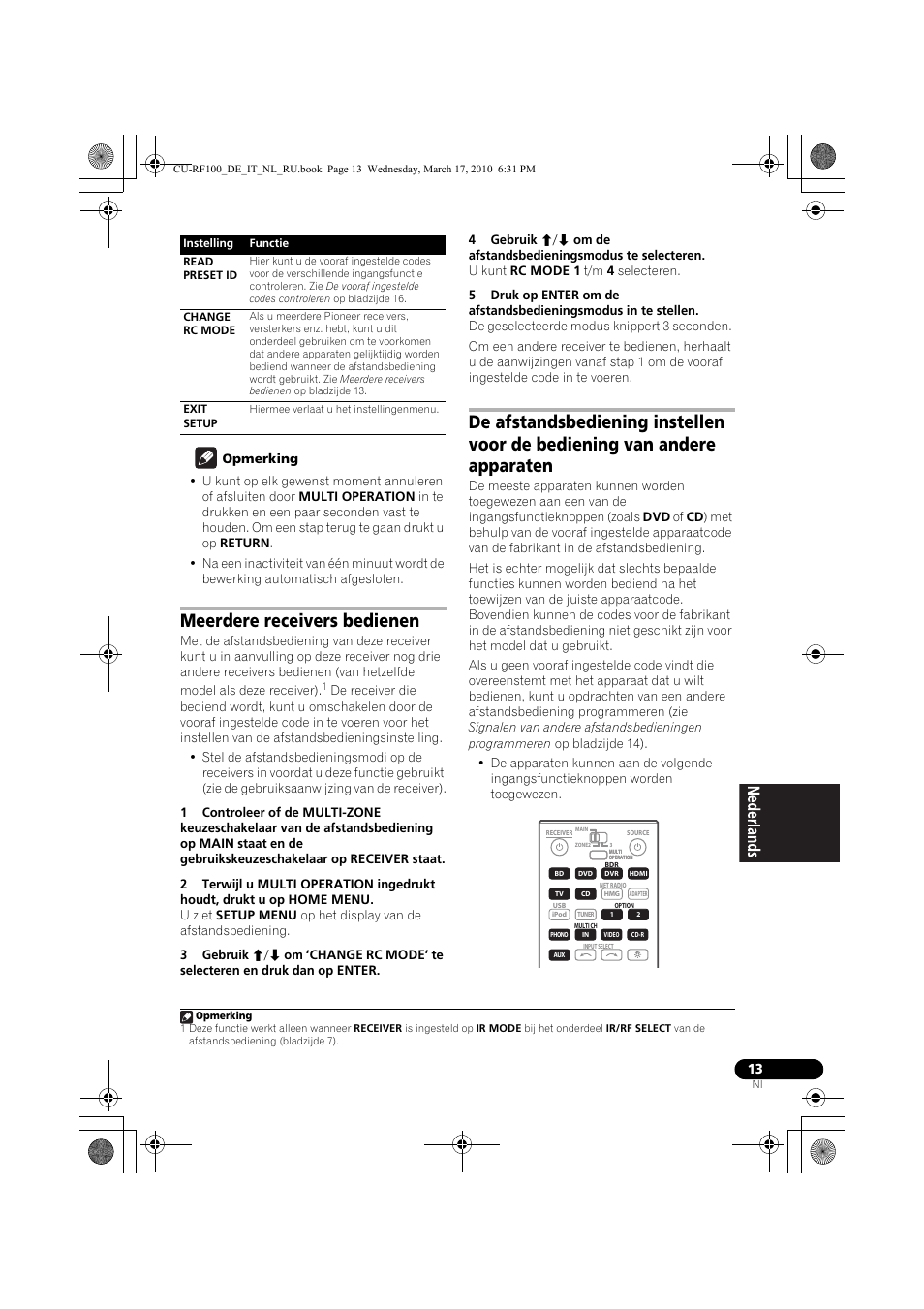 Opmerking, Meerdere receivers bedienen | Pioneer CU-RF100-U User Manual | Page 65 / 108