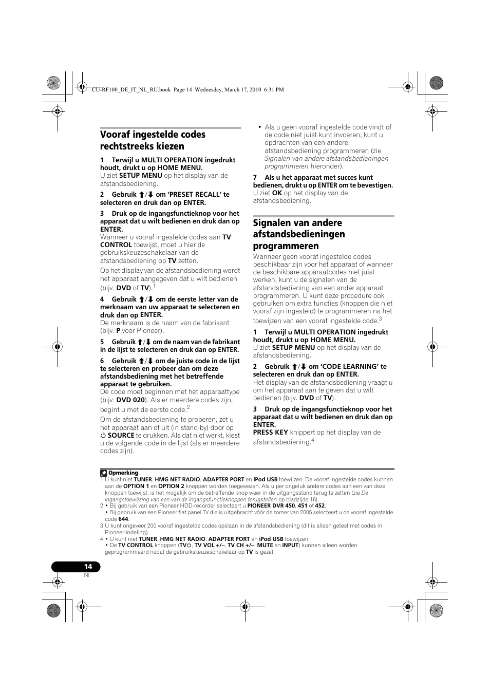 Vooraf ingestelde codes rechtstreeks kiezen | Pioneer CU-RF100-U User Manual | Page 66 / 108