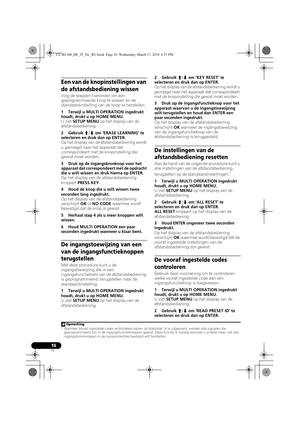 5 herhaal stap 4 als u meer knoppen wilt wissen, De instellingen van de afstandsbediening resetten, 3 houd enter ongeveer twee seconden ingedrukt | De vooraf ingestelde codes controleren | Pioneer CU-RF100-U User Manual | Page 68 / 108