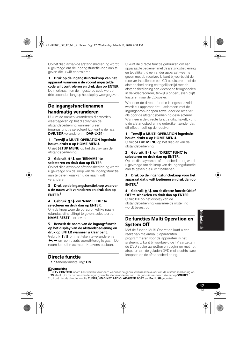 De ingangsfunctienamen handmatig veranderen, Directe functie, De functies multi operation en system off | Pioneer CU-RF100-U User Manual | Page 69 / 108