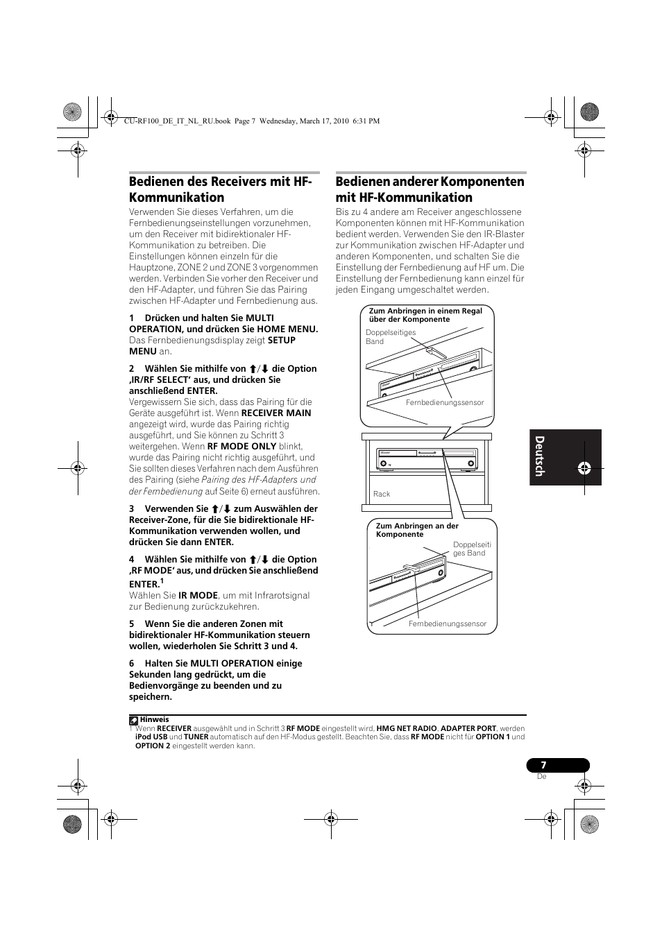 Bedienen des receivers mit hf- kommunikation, Bedienen anderer komponenten mit hf-kommunikation, Bedienen des receivers mit hf-kommunikation | Bedienen anderer komponenten mit hf- kommunikation | Pioneer CU-RF100-U User Manual | Page 7 / 108