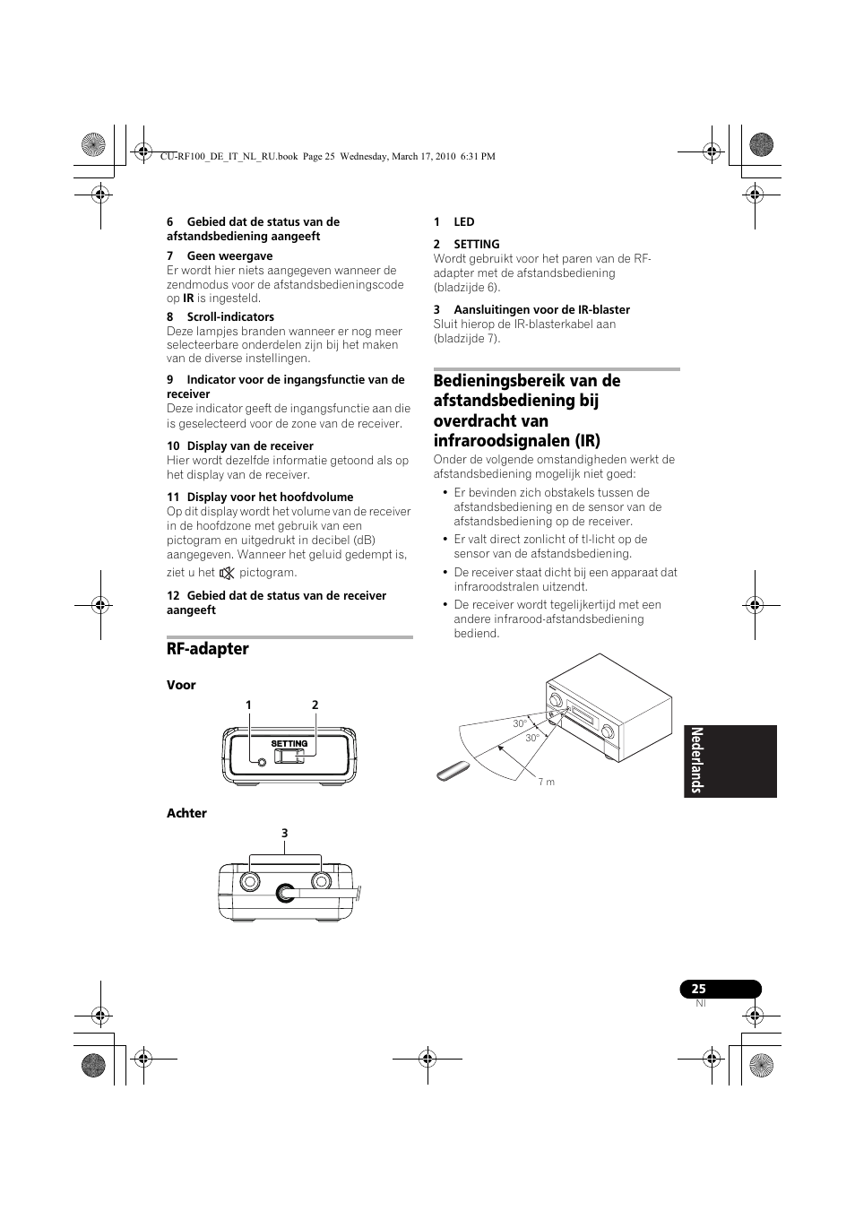 7 geen weergave, 8 scroll-indicators, 9 indicator voor de ingangsfunctie van de receiver | 10 display van de receiver, 11 display voor het hoofdvolume, 12 gebied dat de status van de receiver aangeeft, Rf-adapter, Voor, Achter, 1 led | Pioneer CU-RF100-U User Manual | Page 77 / 108
