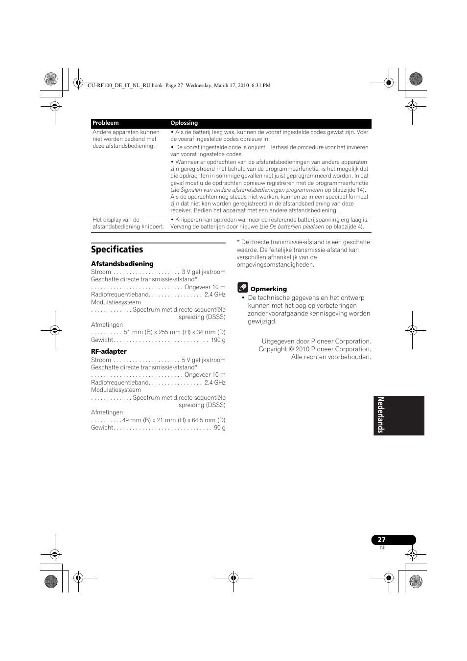 Specificaties, Afstandsbediening, Rf-adapter | Opmerking | Pioneer CU-RF100-U User Manual | Page 79 / 108