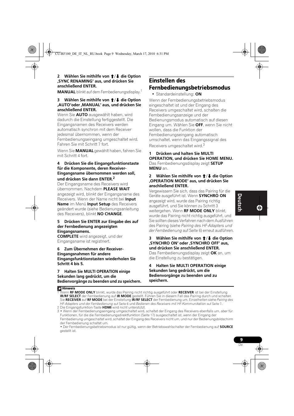 Einstellen des fernbedienungsbetriebsmodus | Pioneer CU-RF100-U User Manual | Page 9 / 108