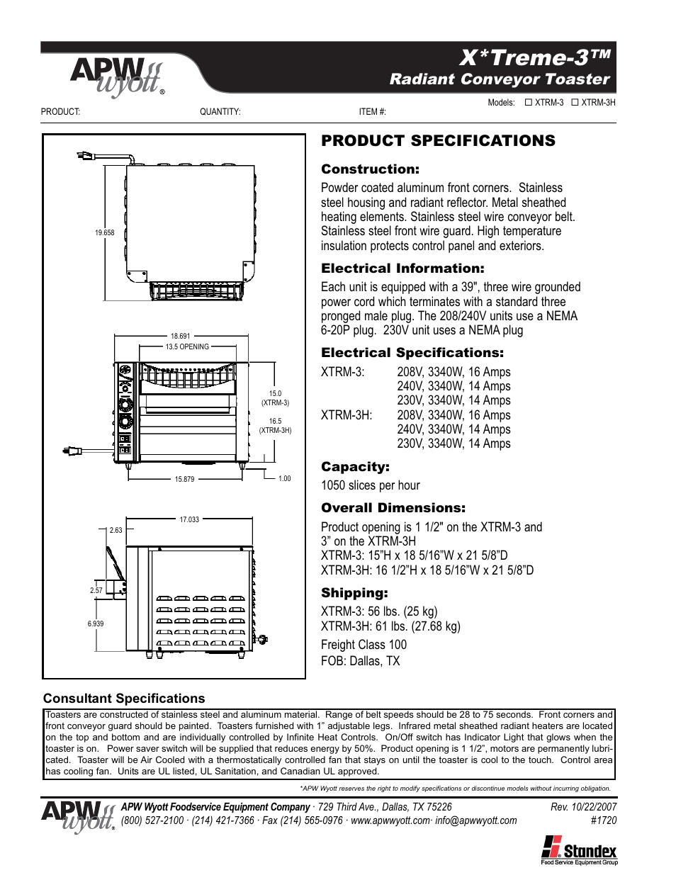 X*treme-3, Radiant conveyor toaster, Product specifications | APW Wyott X*Treme-3 User Manual | Page 2 / 2