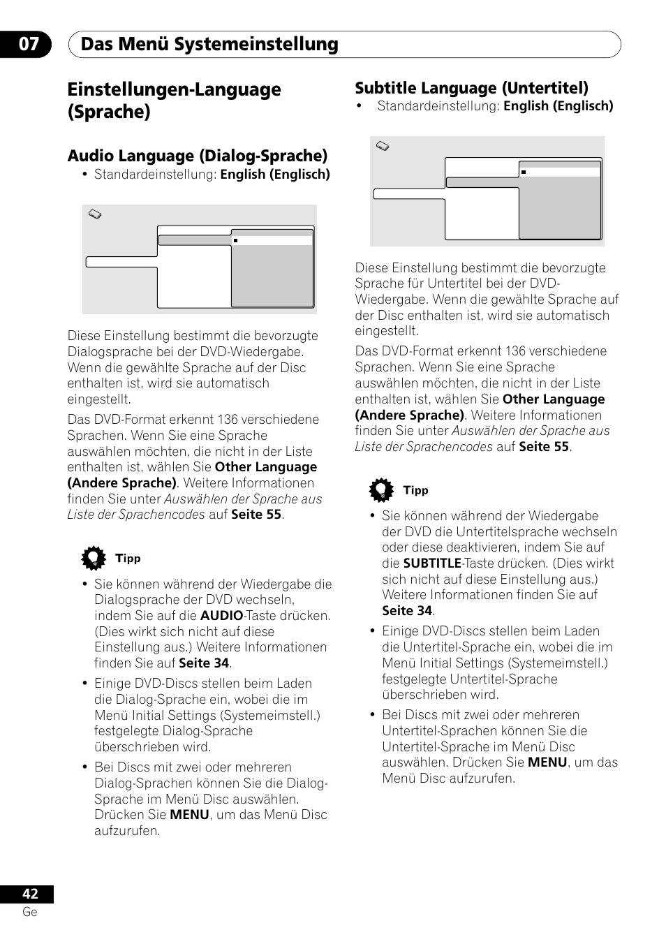 Einstellungen-language (sprache), Das menü systemeinstellung 07, Audio language (dialog-sprache) | Subtitle language (untertitel) | Pioneer DV-550 User Manual | Page 100 / 116