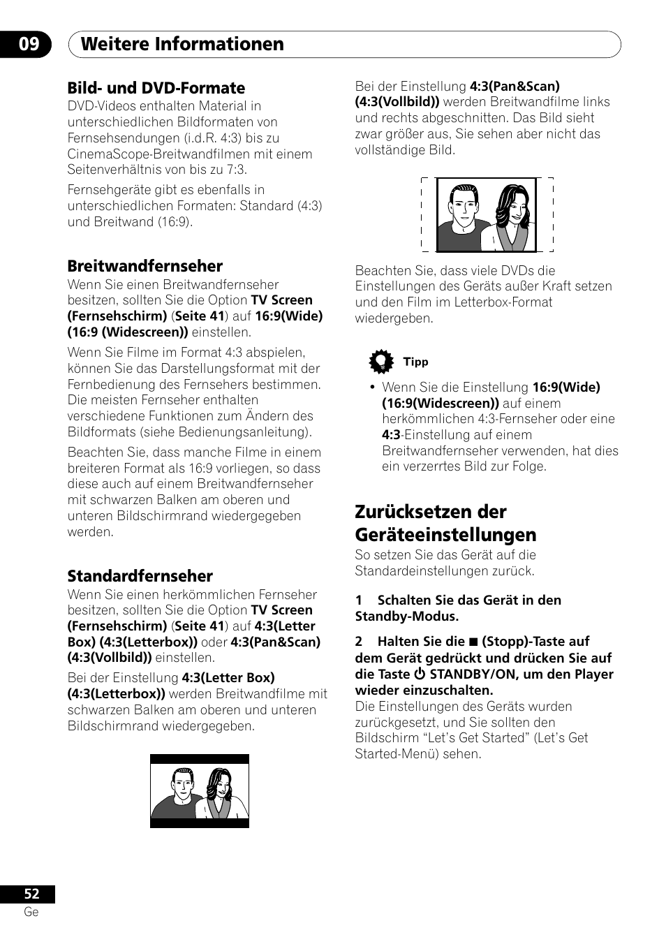 Bild- und dvd-formate, Breitwandfernseher standardfernseher, Zurücksetzen der geräteeinstellungen | Weitere informationen 09 | Pioneer DV-550 User Manual | Page 110 / 116