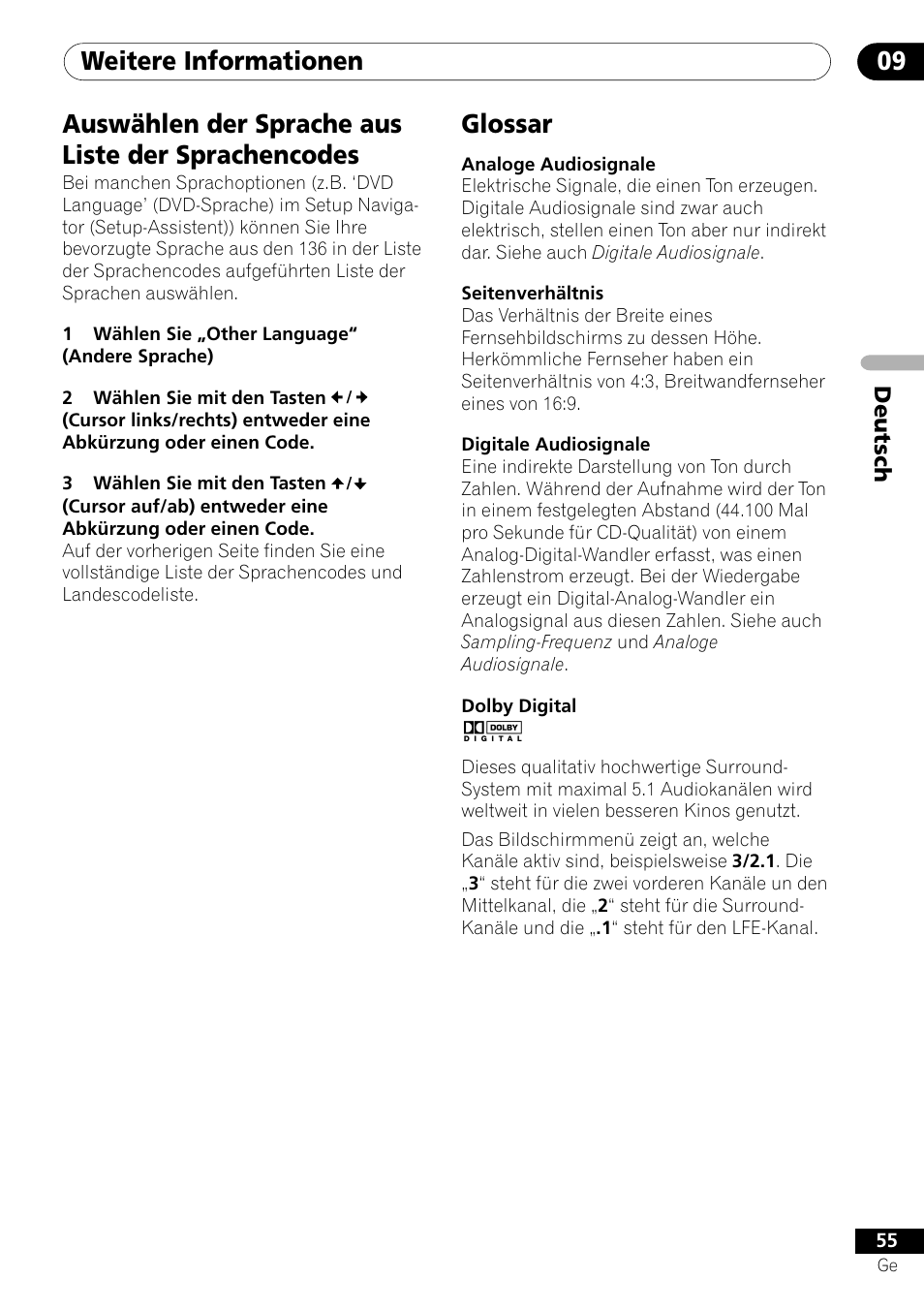 Weitere informationen 09, Auswählen der sprache aus liste der sprachencodes, Glossar | Pioneer DV-550 User Manual | Page 113 / 116