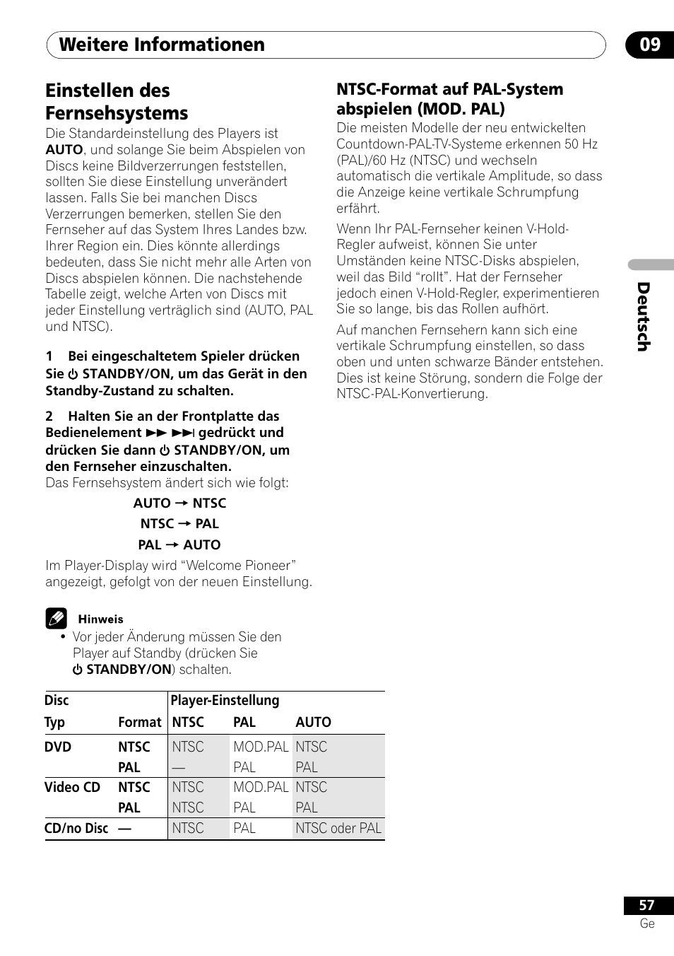 Einstellen des fernsehsystems, Ntsc-format auf pal-system abspielen (mod. pal), Weitere informationen 09 | Pioneer DV-550 User Manual | Page 115 / 116