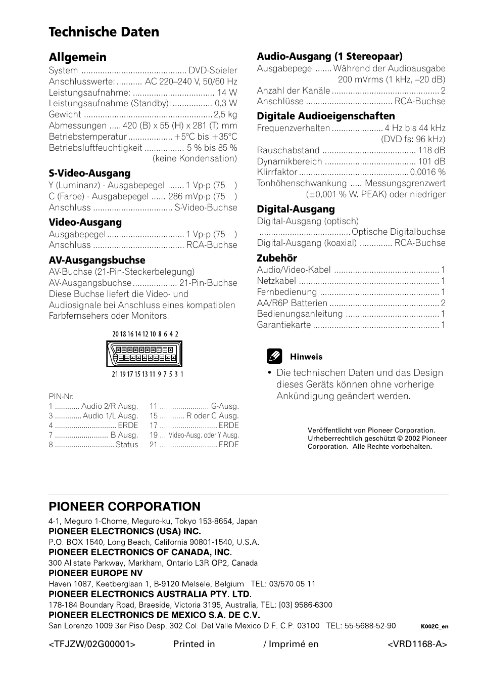 Technische daten, Allgemein | Pioneer DV-550 User Manual | Page 116 / 116
