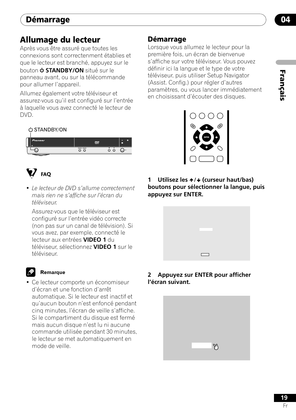 Allumage du lecteur, Démarrage, Démarrage 04 | Français démarrage, 1utilisez les, 2appuyez sur enter pour afficher l’écran suivant | Pioneer DV-550 User Manual | Page 19 / 116