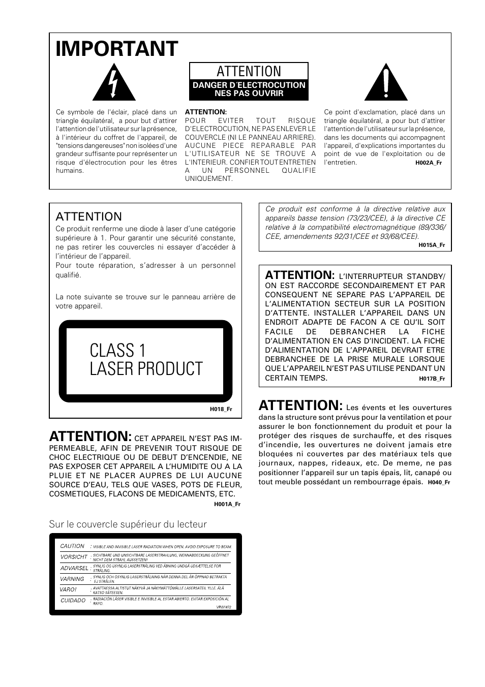 Important, Class 1 laser product, Attention | Pioneer DV-550 User Manual | Page 2 / 116