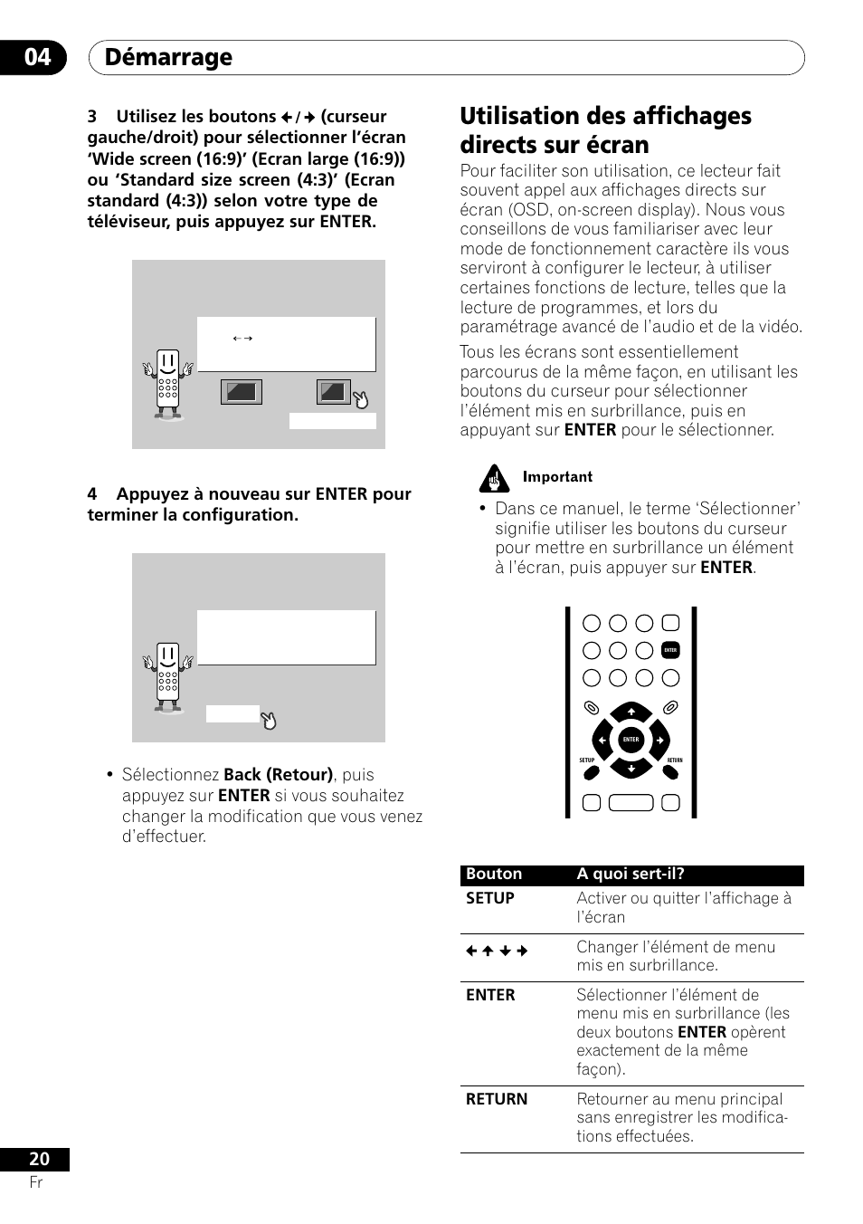 Utilisation des affichages directs sur écran, Démarrage 04, 3utilisez les boutons | Pioneer DV-550 User Manual | Page 20 / 116