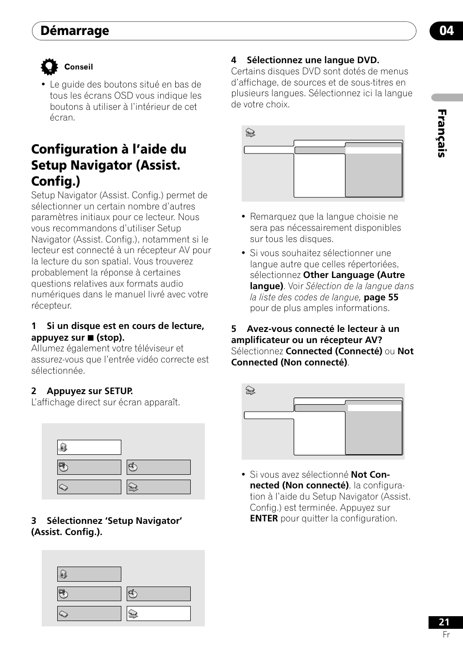 Démarrage 04, Fran ç ais | Pioneer DV-550 User Manual | Page 21 / 116