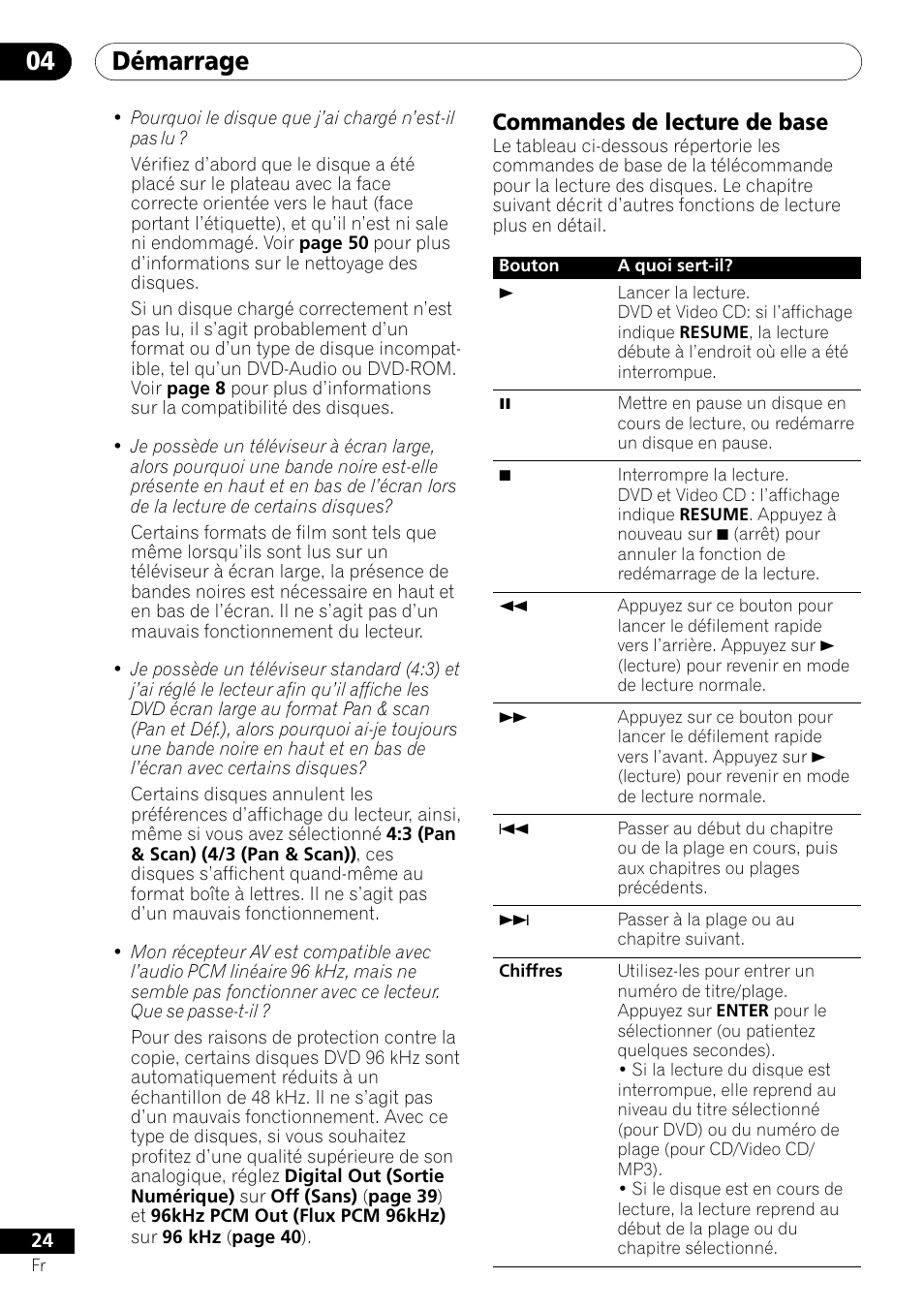 Commandes de lecture de base, Démarrage 04 | Pioneer DV-550 User Manual | Page 24 / 116