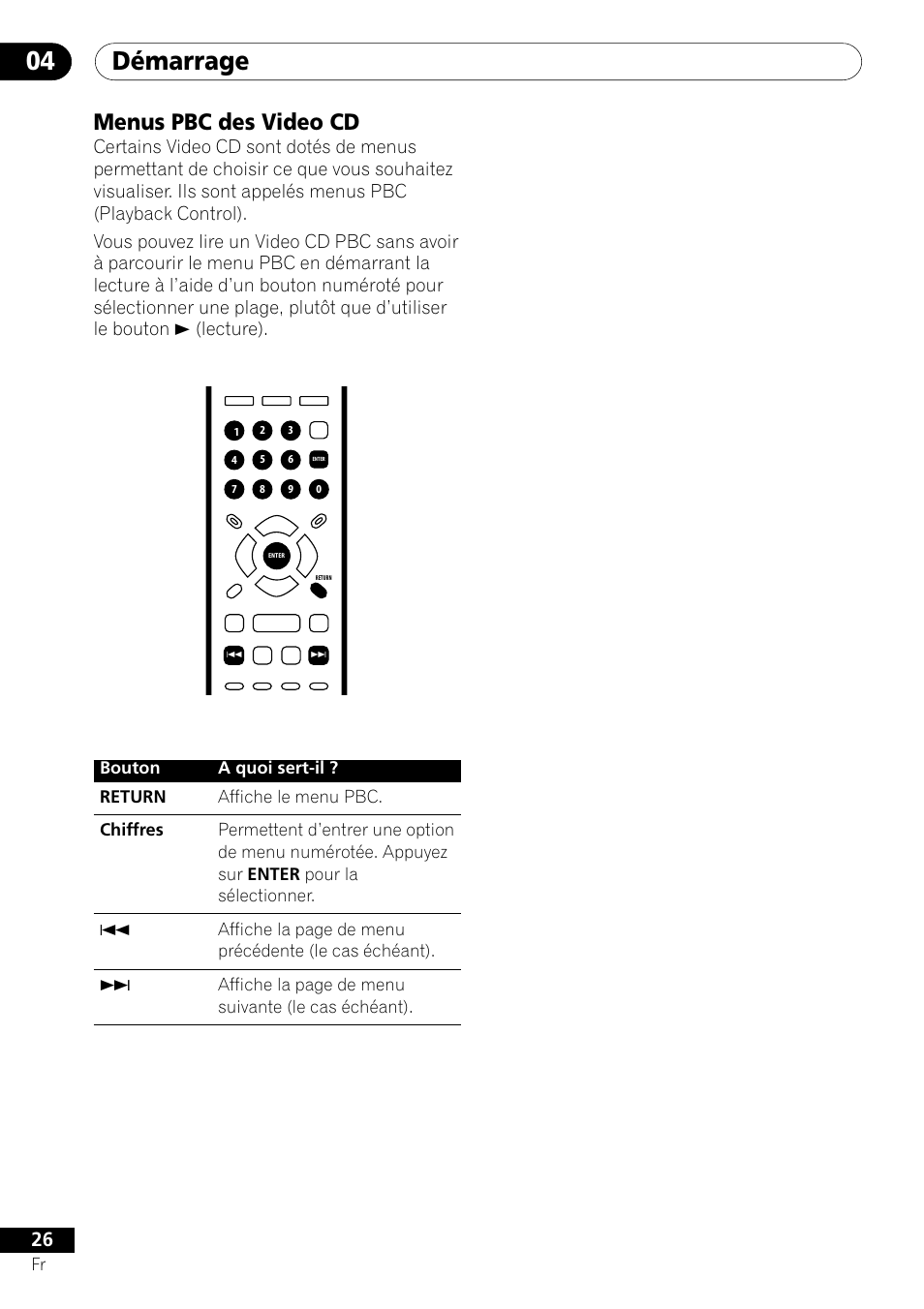 Menus pbc des video cd, Démarrage 04 | Pioneer DV-550 User Manual | Page 26 / 116