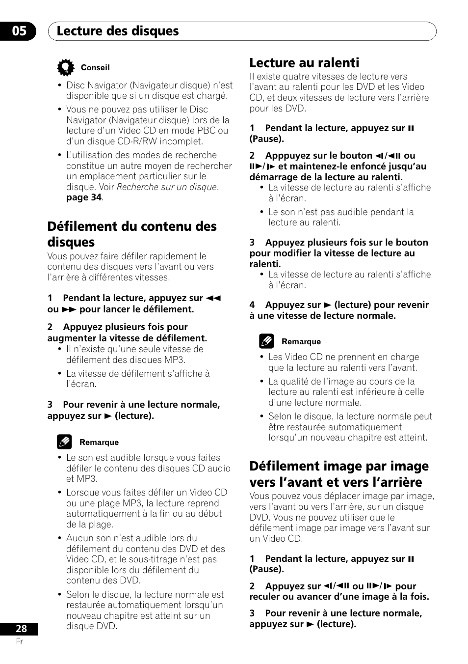 Lecture des disques 05, Lecture au ralenti, Défilement du contenu des disques | Pioneer DV-550 User Manual | Page 28 / 116