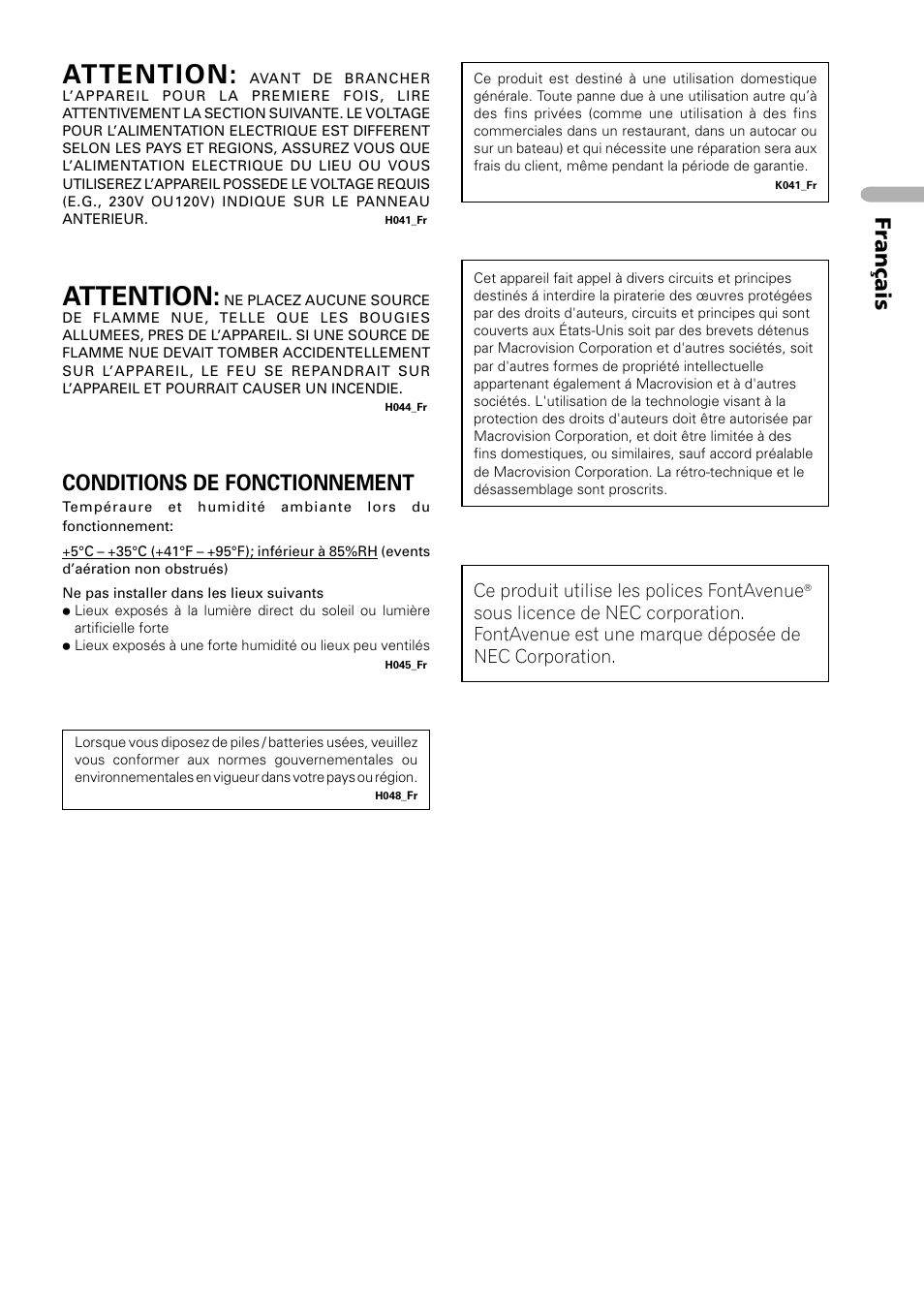 Attention, Français, Conditions de fonctionnement | Ce produit utilise les polices fontavenue | Pioneer DV-550 User Manual | Page 3 / 116