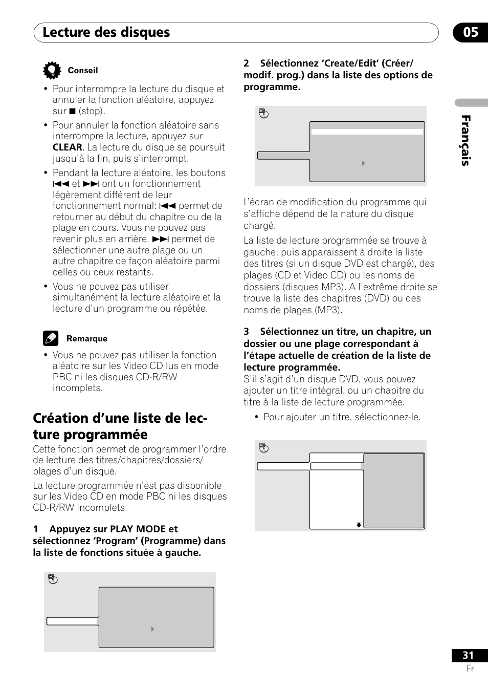 Création d’une liste de lecture programmée, Lecture des disques 05, Création d’une liste de lec- ture programmée | Fran ç ais | Pioneer DV-550 User Manual | Page 31 / 116