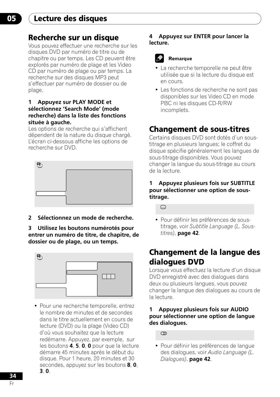 Lecture des disques 05, Recherche sur un disque, Changement de sous-titres | Changement de la langue des dialogues dvd | Pioneer DV-550 User Manual | Page 34 / 116