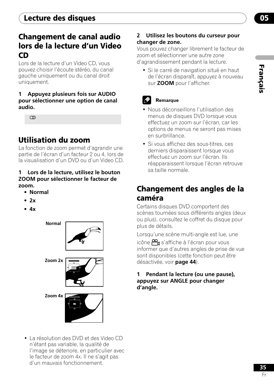 Lecture des disques 05, Utilisation du zoom, Changement des angles de la caméra | Fran ç ais | Pioneer DV-550 User Manual | Page 35 / 116