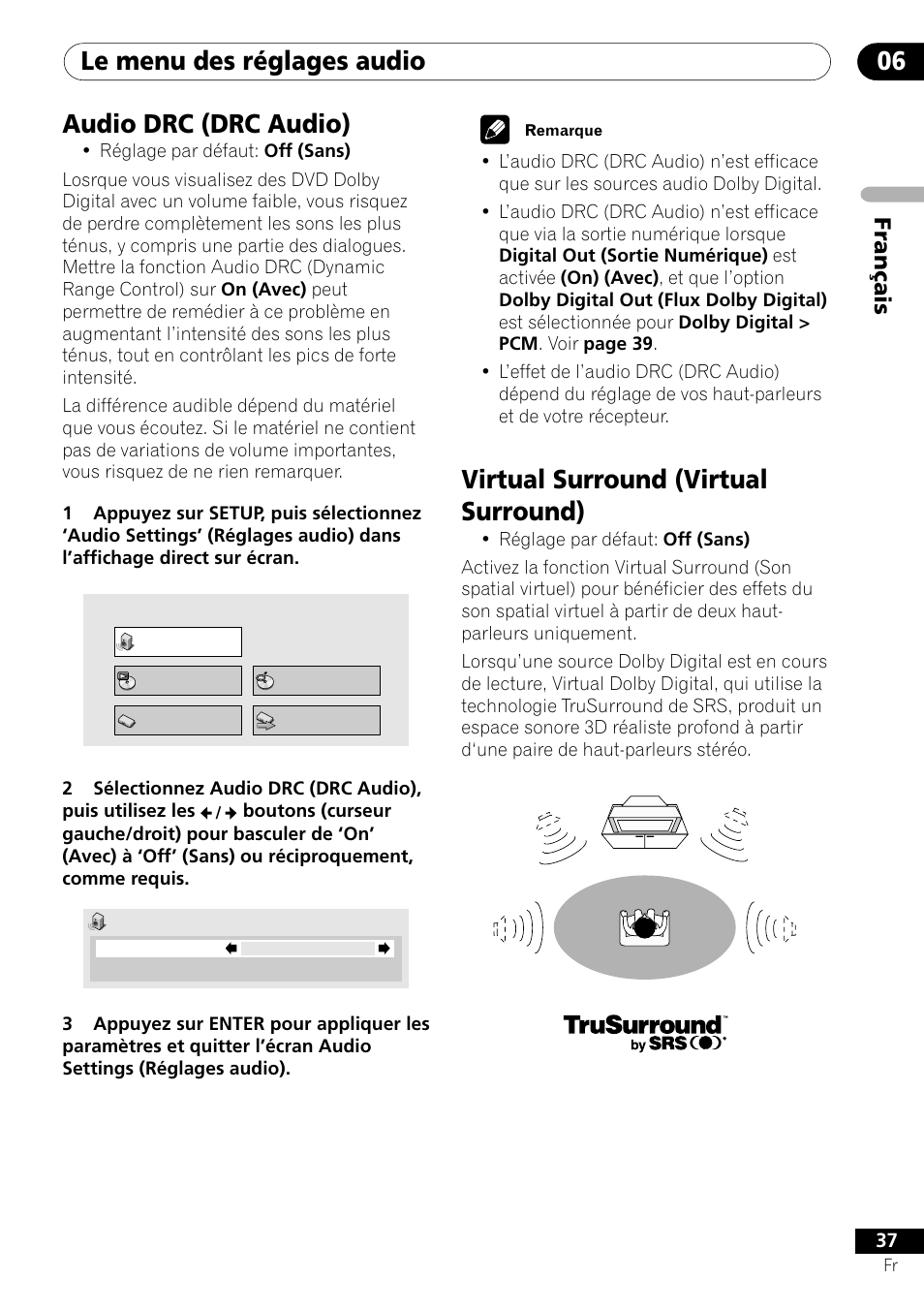 Le menu des réglages audio 06, Virtual surround (virtual surround), Audio drc (drc audio) | Français | Pioneer DV-550 User Manual | Page 37 / 116