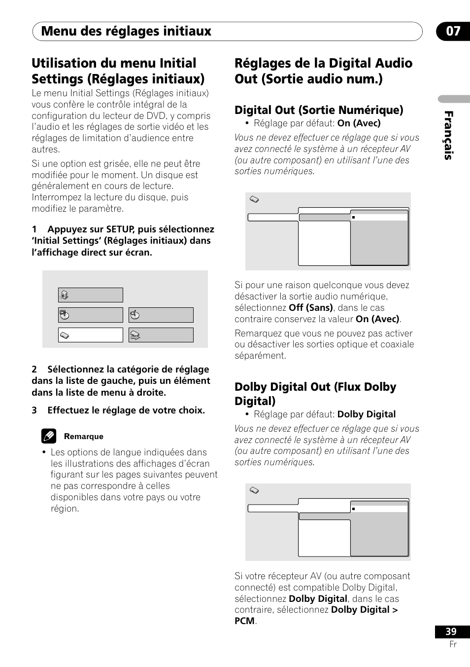 Menu des réglages initiaux 07, Français, Digital out (sortie numérique) | Dolby digital out (flux dolby digital) | Pioneer DV-550 User Manual | Page 39 / 116