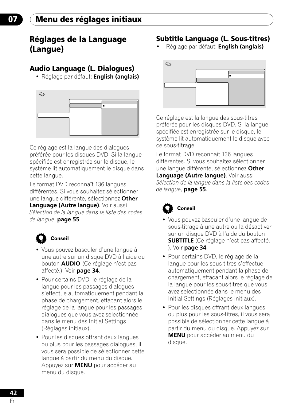 Réglages de la language (langue), Menu des réglages initiaux 07, Subtitle language (l. sous-titres) | Audio language (l. dialogues), Réglage par défaut: english (anglais) | Pioneer DV-550 User Manual | Page 42 / 116