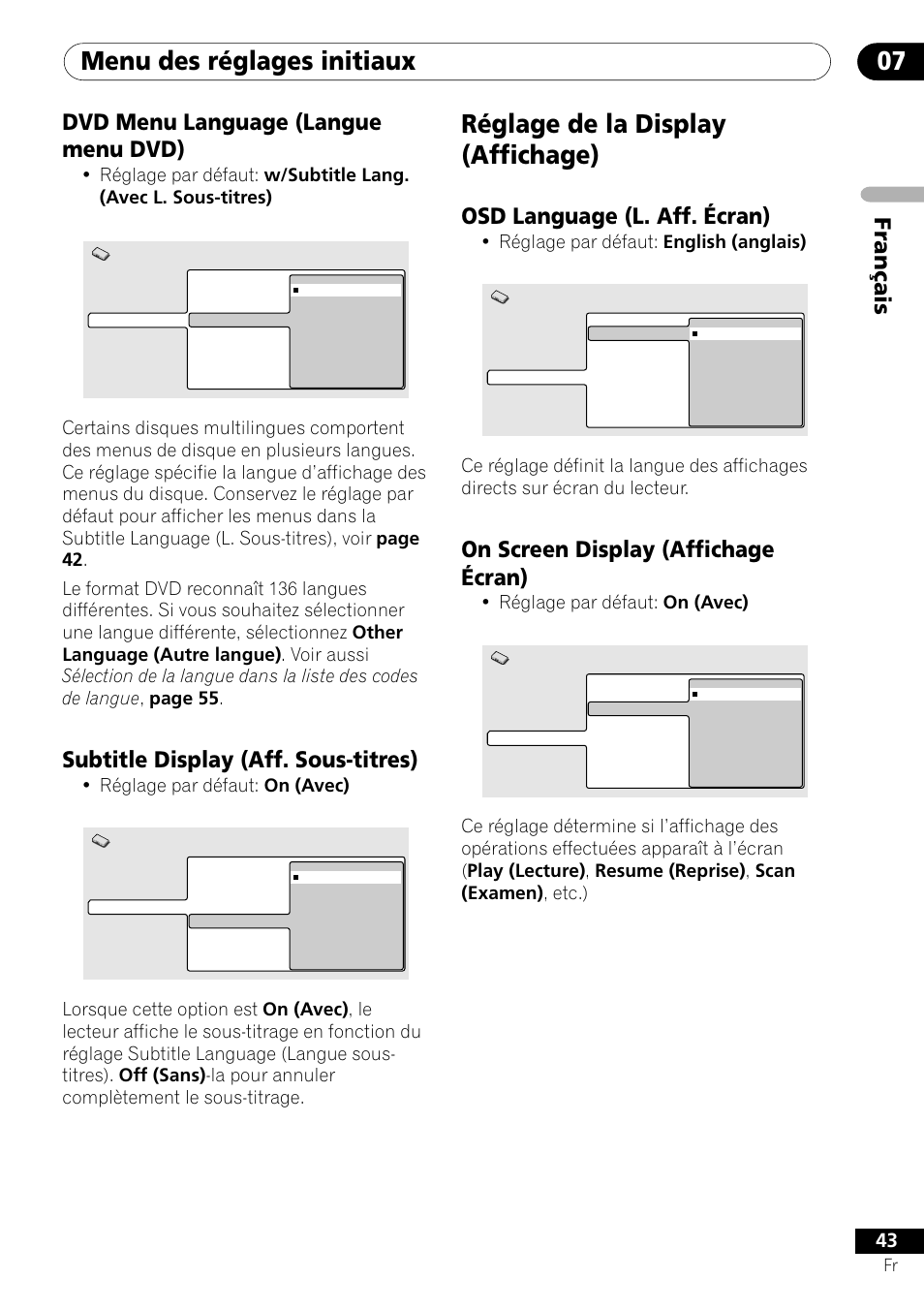 Réglage de la display (affichage), Menu des réglages initiaux 07, Fran ç ais | Osd language (l. aff. écran), On screen display (affichage écran), Dvd menu language (langue menu dvd), Subtitle display (aff. sous-titres), Réglage par défaut: english (anglais), Réglage par défaut: on (avec) | Pioneer DV-550 User Manual | Page 43 / 116