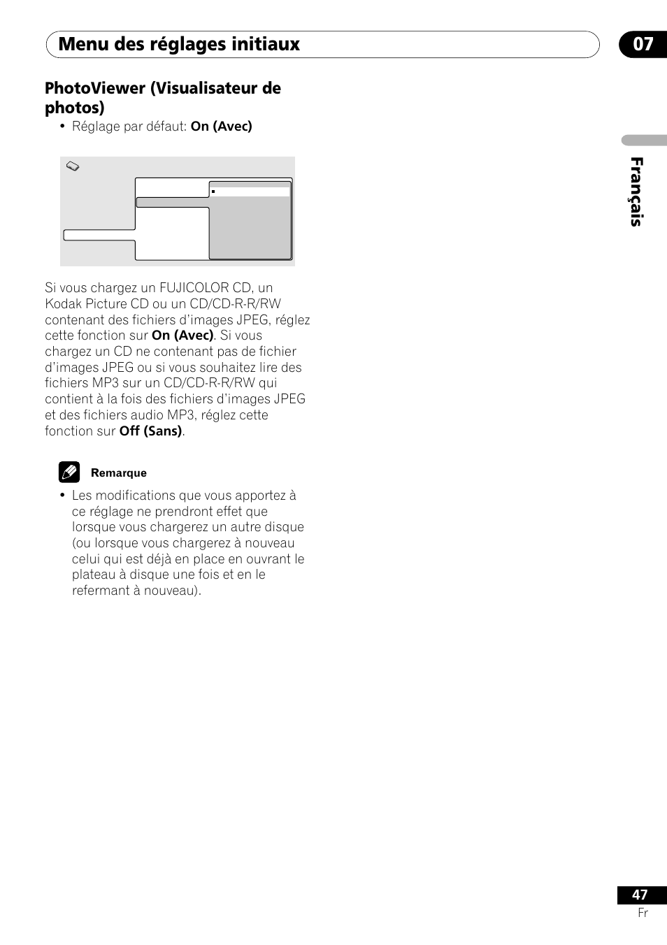 Photoviewer (visualisateur de photos), Menu des réglages initiaux 07, Fran ç ais photoviewer (visualisateur de photos) | Pioneer DV-550 User Manual | Page 47 / 116