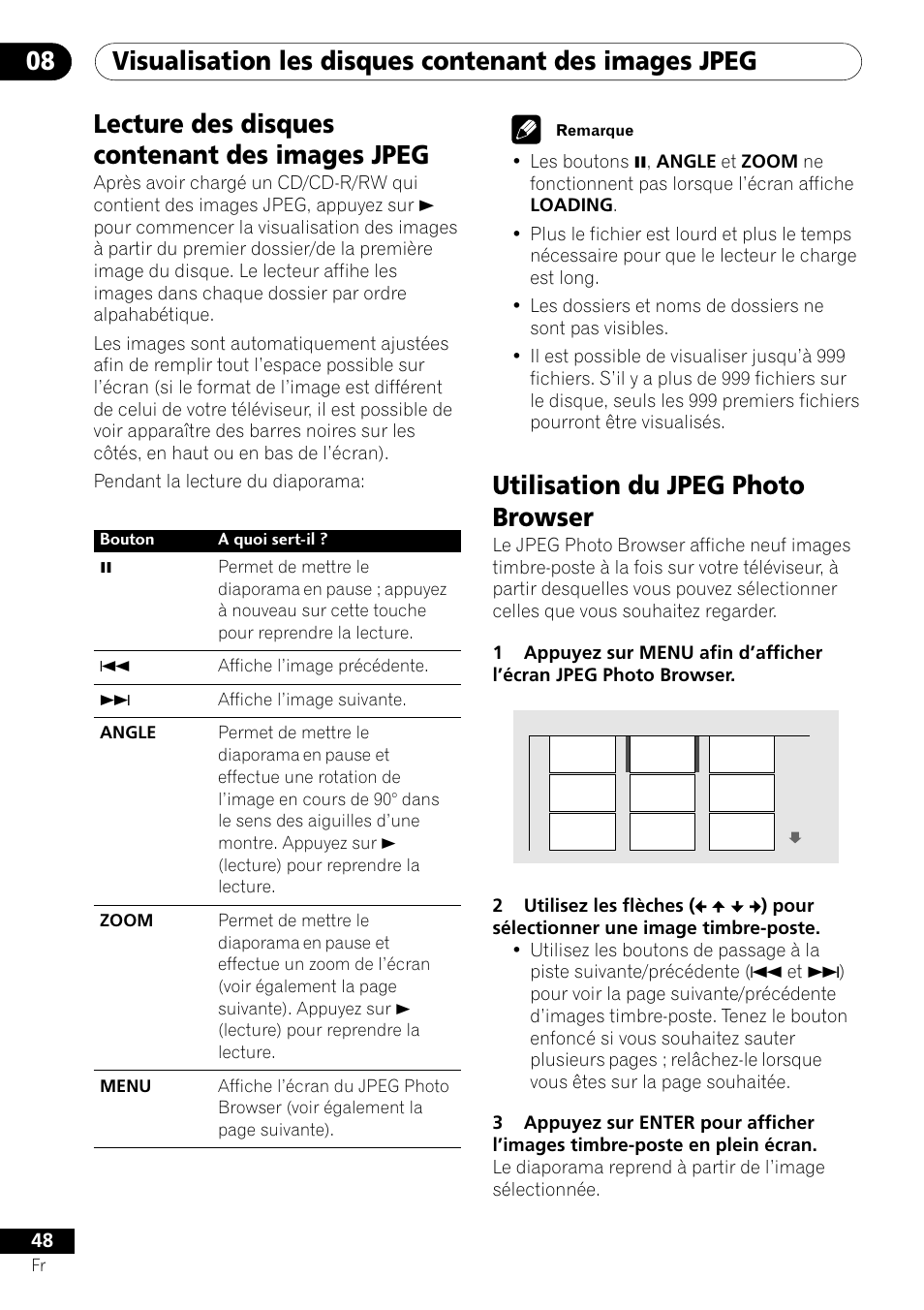 Utilisation du jpeg photo browser, Lecture des disques contenant des images jpeg | Pioneer DV-550 User Manual | Page 48 / 116
