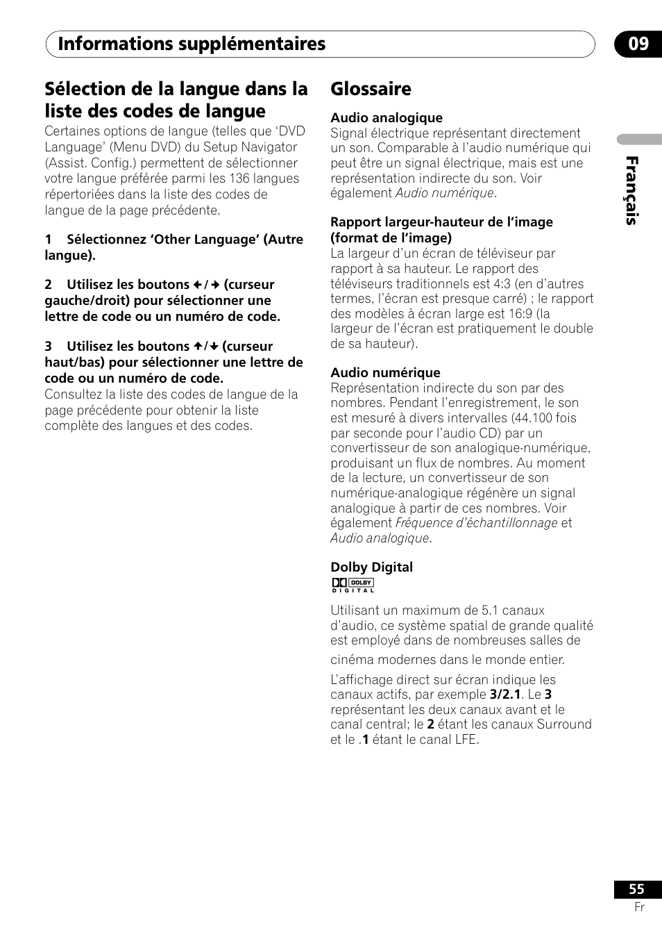 Informations supplémentaires 09, Glossaire | Pioneer DV-550 User Manual | Page 55 / 116