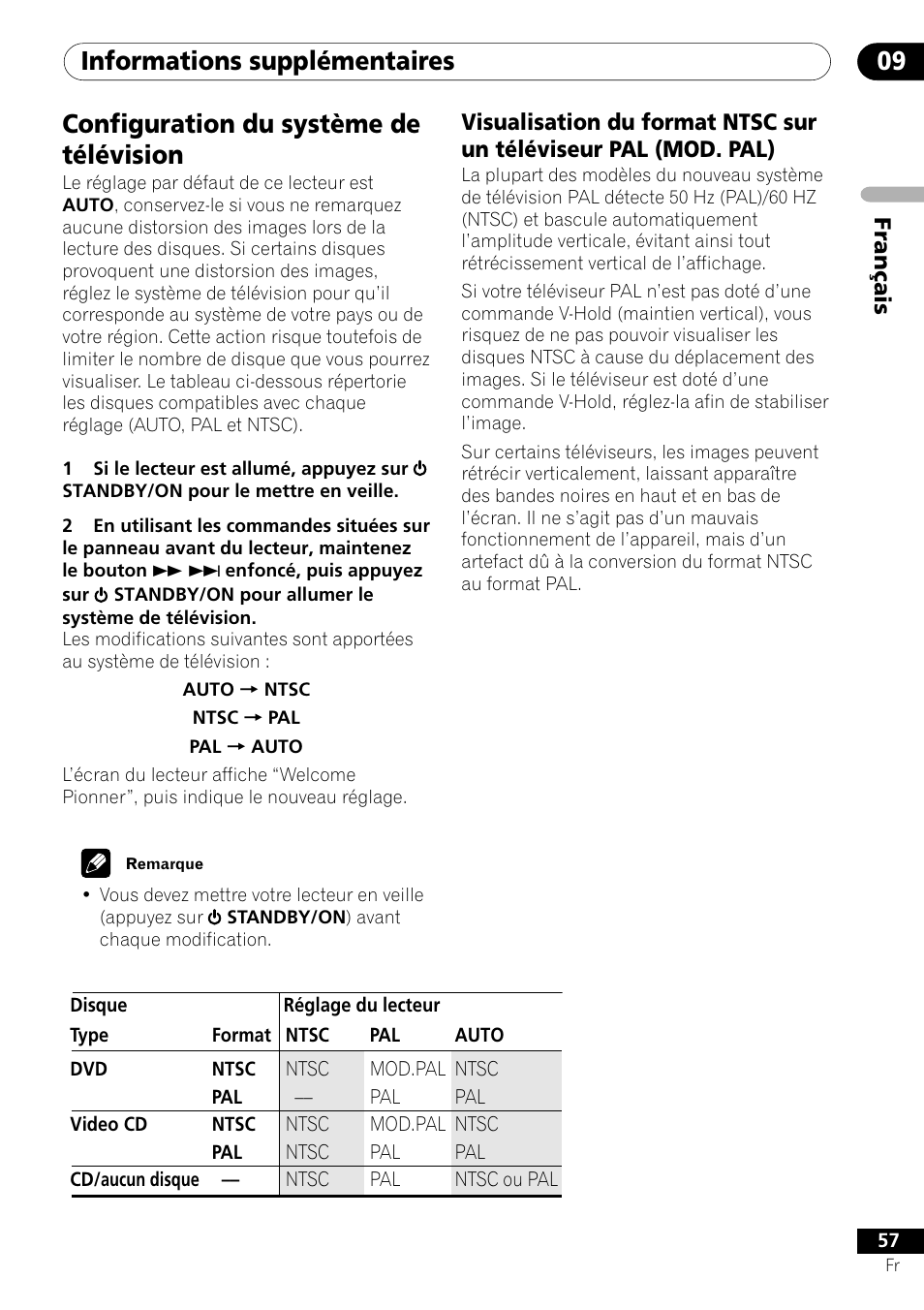 Configuration du système de télévision, Informations supplémentaires 09 | Pioneer DV-550 User Manual | Page 57 / 116
