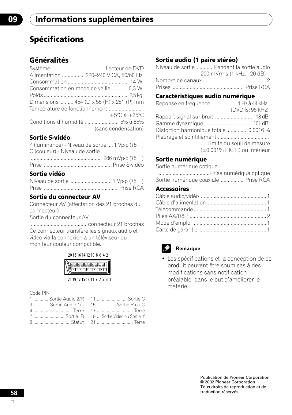 Spécifications, Informations supplémentaires 09, Généralités | Pioneer DV-550 User Manual | Page 58 / 116
