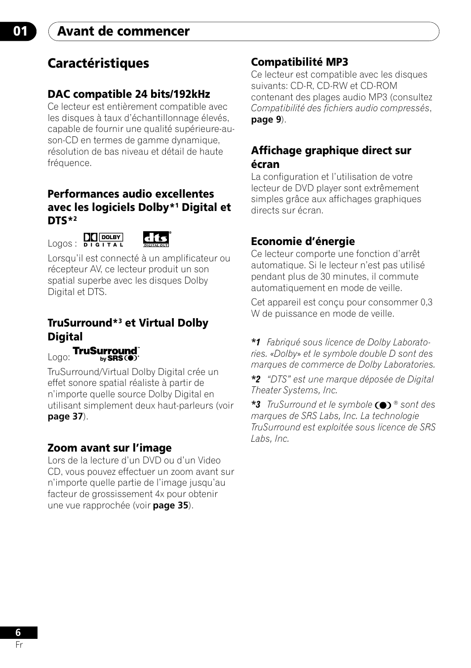 Caractéristiques, Avant de commencer 01 | Pioneer DV-550 User Manual | Page 6 / 116