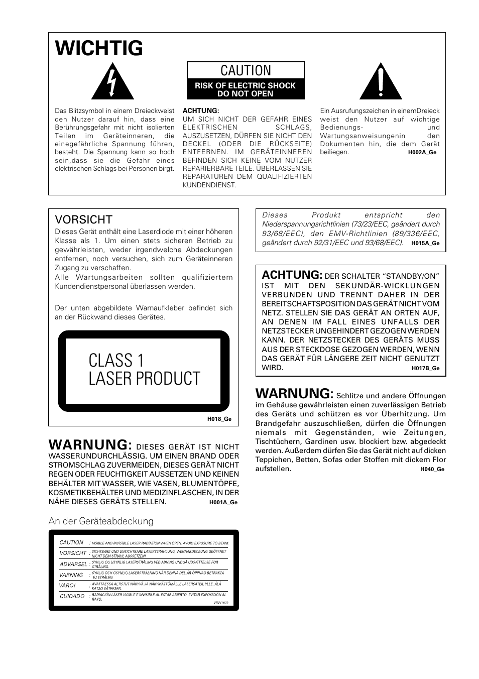 Wichtig, Class 1 laser product, Caution | Warnung, Vorsicht, Achtung | Pioneer DV-550 User Manual | Page 60 / 116