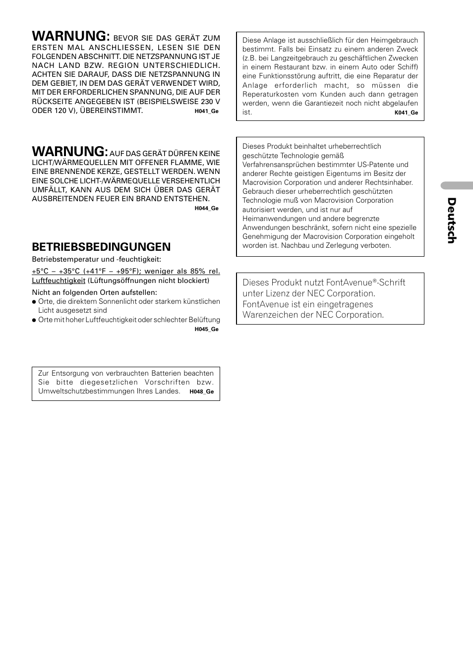 Warnung, Deutsch, Betriebsbedingungen | Pioneer DV-550 User Manual | Page 61 / 116