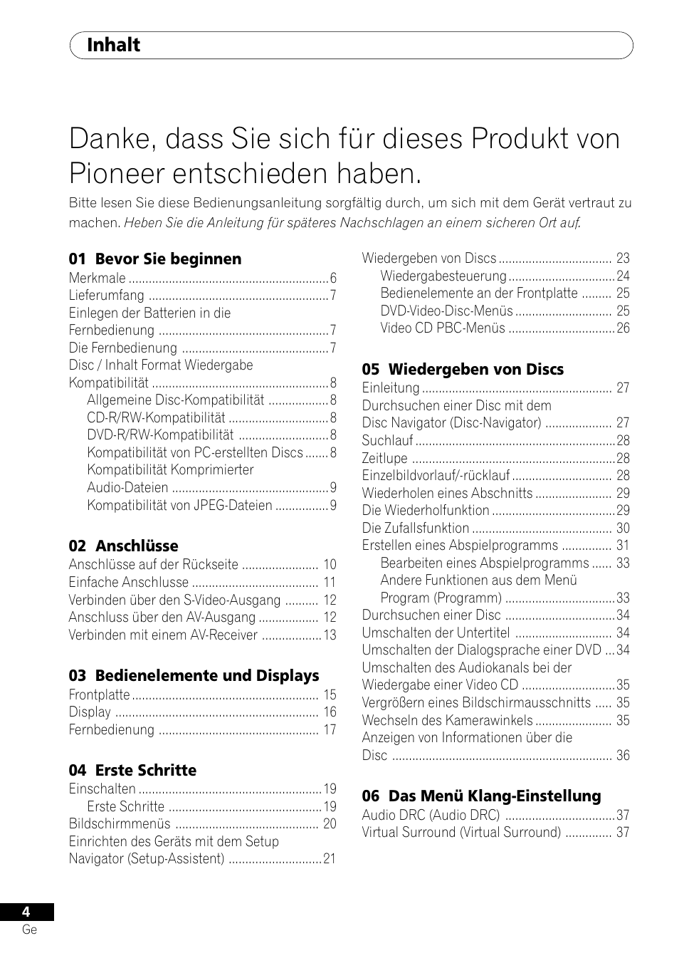 Inhalt | Pioneer DV-550 User Manual | Page 62 / 116