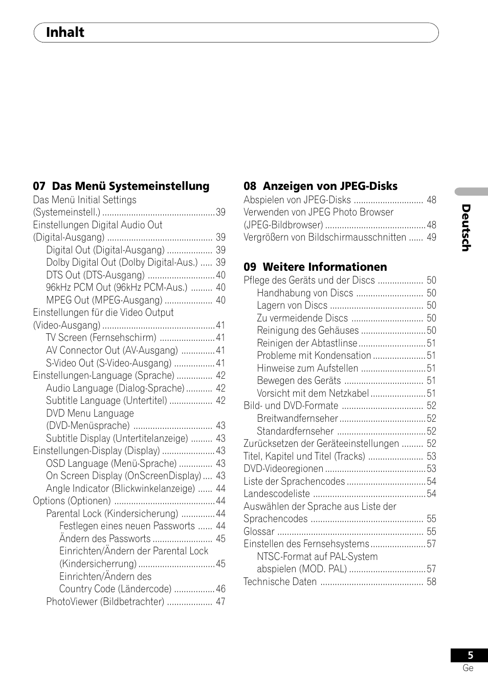 Inhalt | Pioneer DV-550 User Manual | Page 63 / 116