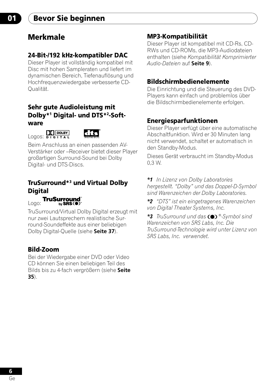 Merkmale, Bevor sie beginnen 01 | Pioneer DV-550 User Manual | Page 64 / 116